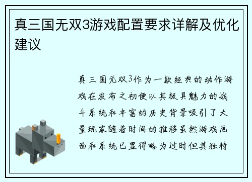 真三国无双3游戏配置要求详解及优化建议